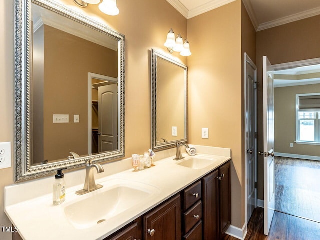 bathroom with ornamental molding, vanity, and hardwood / wood-style floors