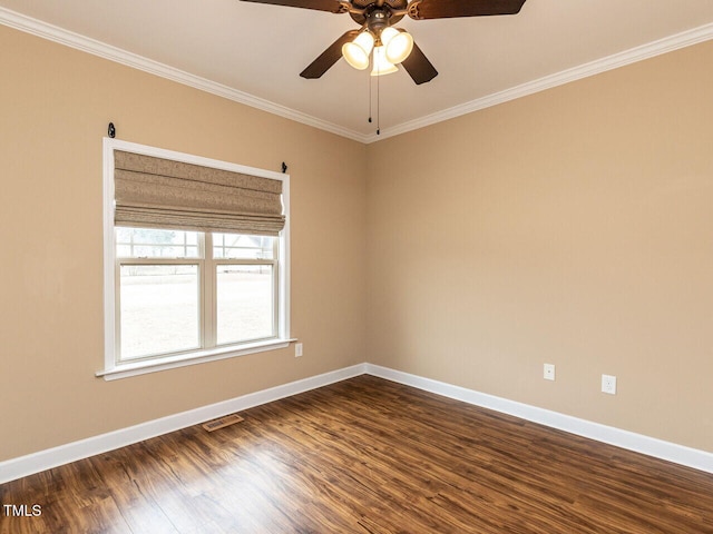 unfurnished room featuring hardwood / wood-style flooring, ceiling fan, and ornamental molding