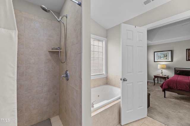 ensuite bathroom with visible vents, connected bathroom, tiled shower, tile patterned floors, and a garden tub