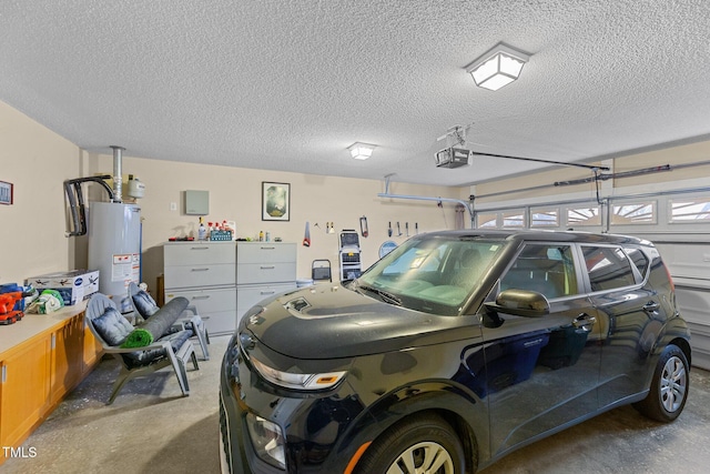 garage with a garage door opener and water heater