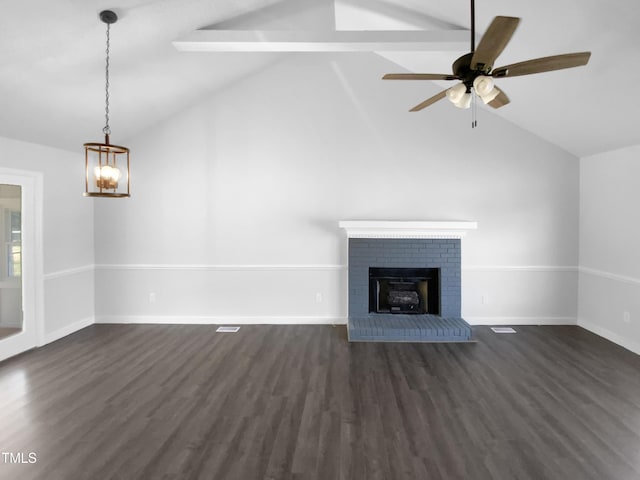 unfurnished living room with ceiling fan, dark hardwood / wood-style flooring, high vaulted ceiling, and a brick fireplace