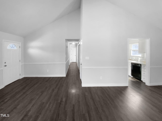 entrance foyer featuring dark hardwood / wood-style floors, sink, and high vaulted ceiling