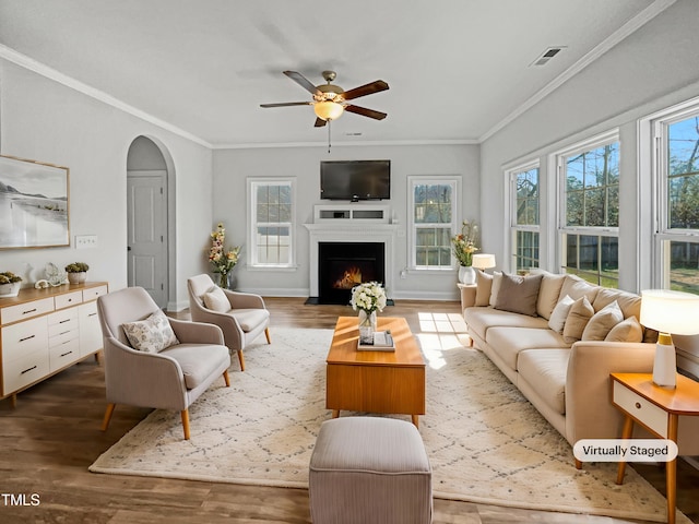 living room with crown molding, wood-type flooring, and a wealth of natural light