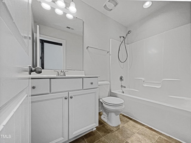 full bathroom with bathing tub / shower combination, vanity, and toilet