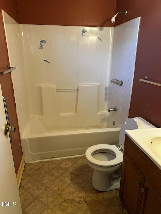 full bathroom with vanity, bathtub / shower combination, and toilet