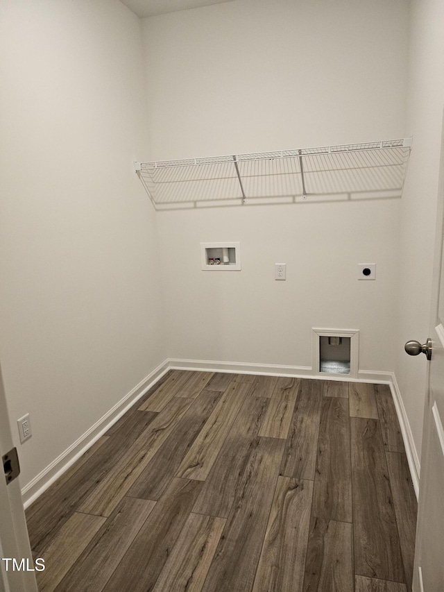 clothes washing area with dark hardwood / wood-style flooring, hookup for a washing machine, and hookup for an electric dryer