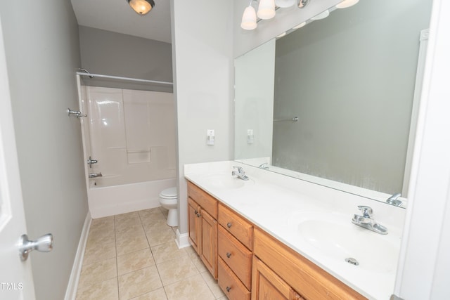 full bathroom featuring shower / bathtub combination, vanity, toilet, and tile patterned flooring