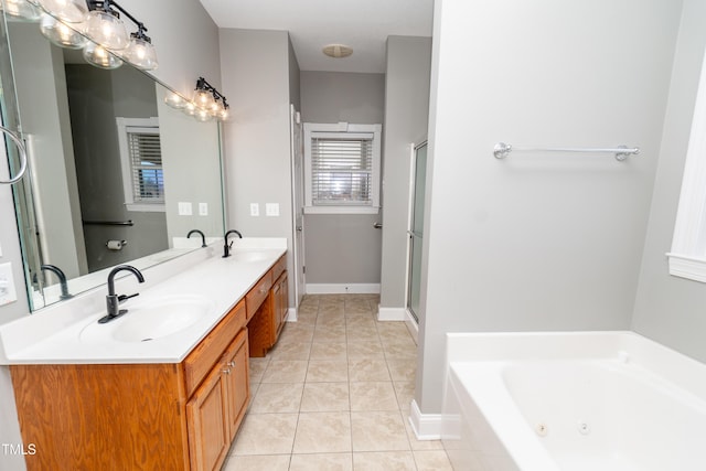 bathroom featuring vanity, tile patterned flooring, and independent shower and bath