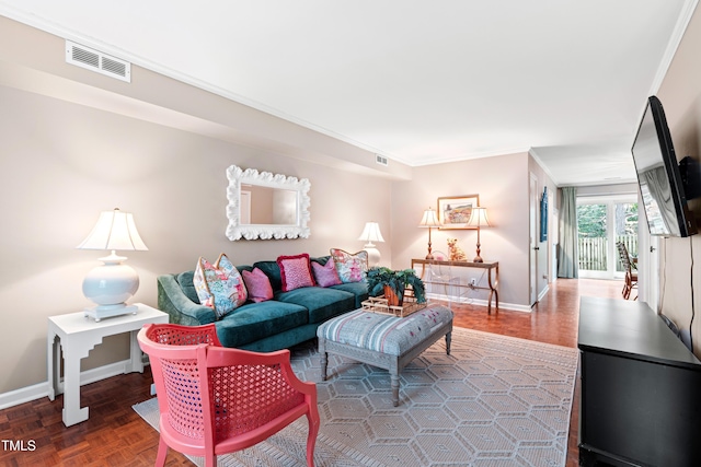 living room with parquet flooring and ornamental molding