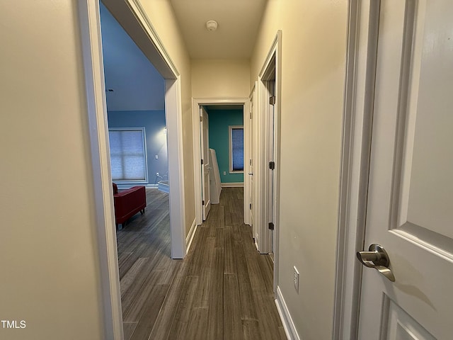 hallway with dark wood-type flooring