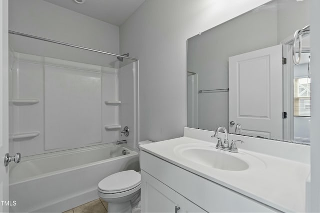 full bathroom with shower / bathtub combination, vanity, toilet, and tile patterned floors