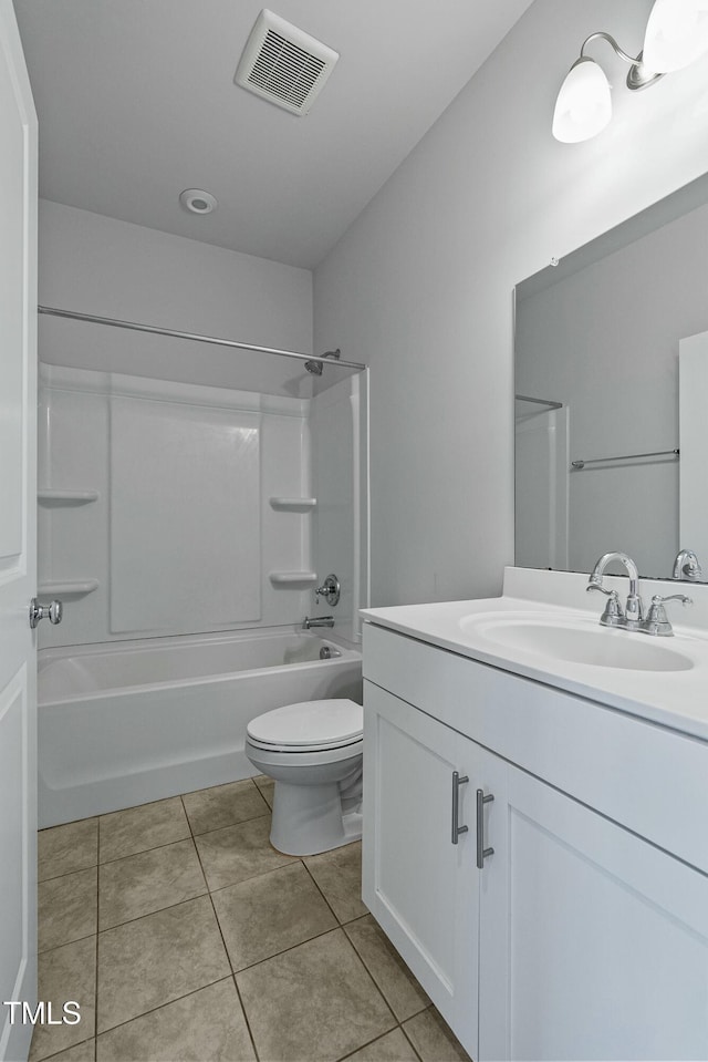 full bathroom with vanity, shower / tub combination, tile patterned floors, and toilet