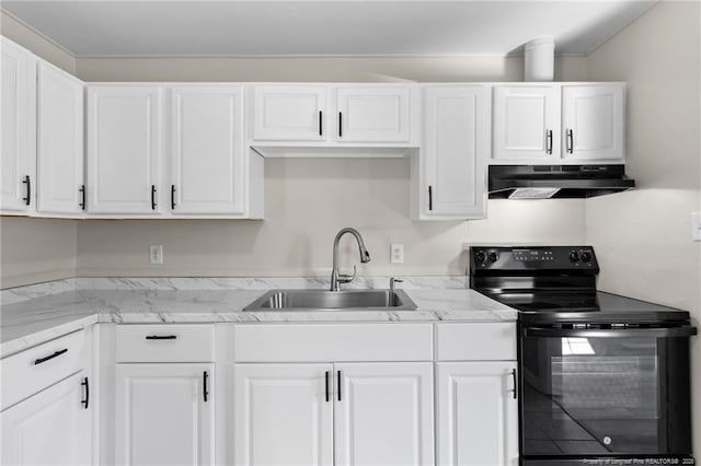 kitchen featuring white cabinetry, sink, and black range with electric cooktop