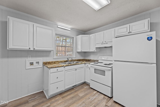 kitchen featuring white cabinetry, white appliances, and sink