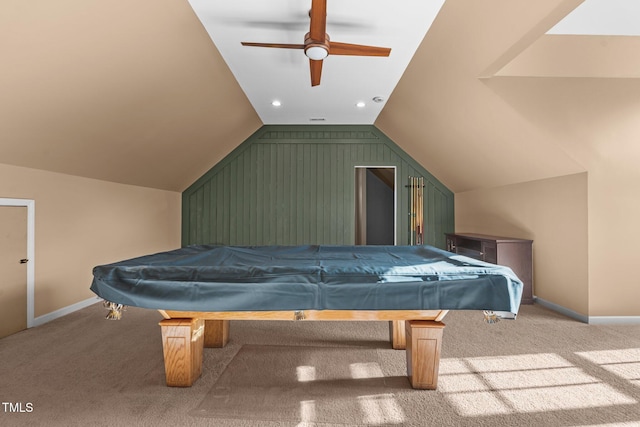 game room with light carpet, pool table, vaulted ceiling, and ceiling fan