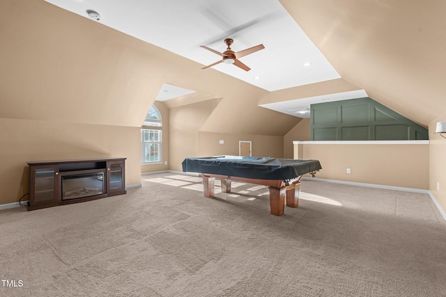 recreation room with ceiling fan, light colored carpet, pool table, and vaulted ceiling