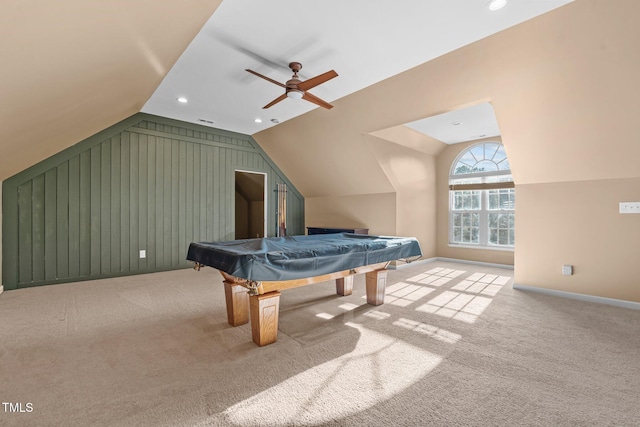 game room featuring billiards, vaulted ceiling, light colored carpet, and ceiling fan