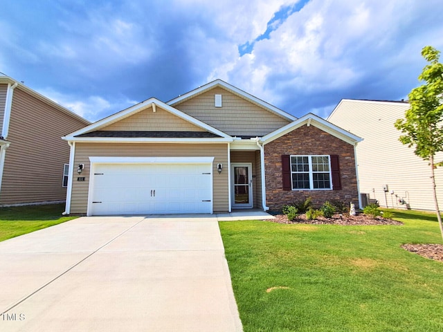 view of front of house featuring a garage, a front yard, and cooling unit