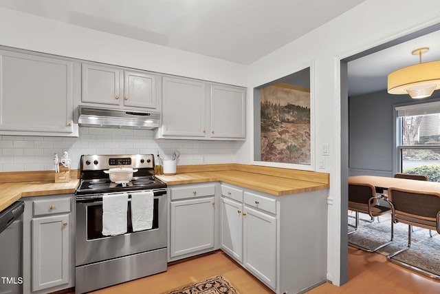 kitchen with stainless steel appliances, gray cabinets, butcher block counters, and decorative backsplash