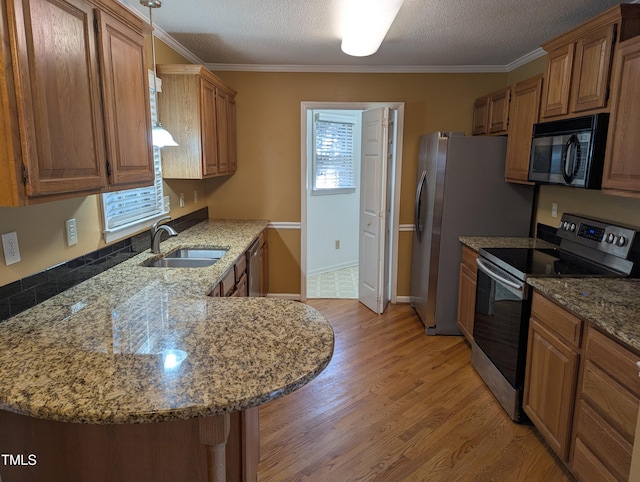 kitchen with sink, decorative light fixtures, ornamental molding, appliances with stainless steel finishes, and kitchen peninsula