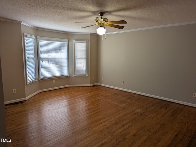 empty room featuring crown molding, hardwood / wood-style floors, ceiling fan, and a textured ceiling