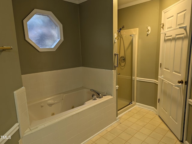 bathroom featuring ornamental molding, separate shower and tub, and tile patterned floors