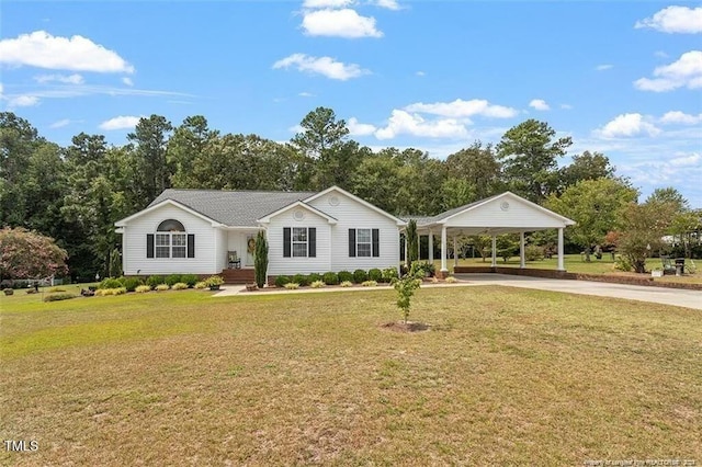 single story home featuring a carport, driveway, and a front yard