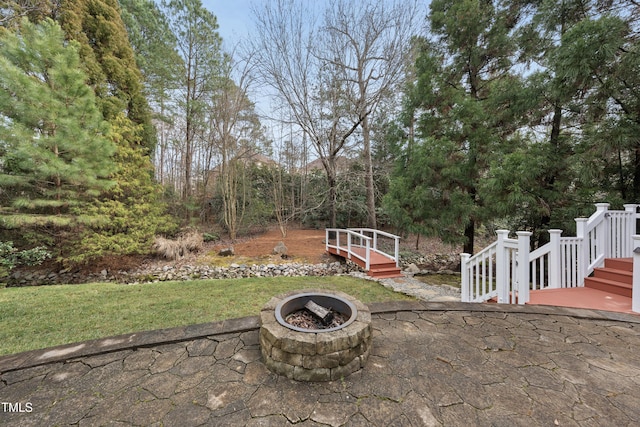 view of patio / terrace featuring an outdoor fire pit