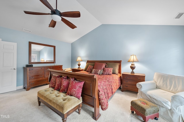 carpeted bedroom featuring vaulted ceiling and ceiling fan