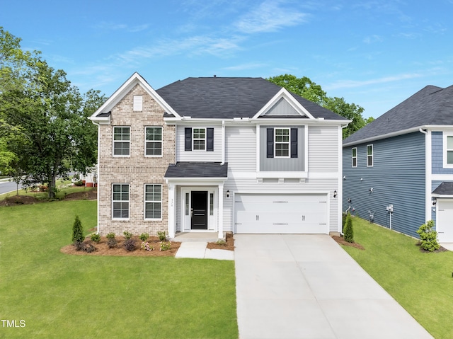 view of front of house featuring concrete driveway, a shingled roof, an attached garage, brick siding, and a front lawn