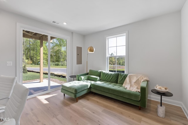 living room with electric panel and light hardwood / wood-style floors