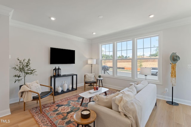 living room featuring ornamental molding and light hardwood / wood-style floors
