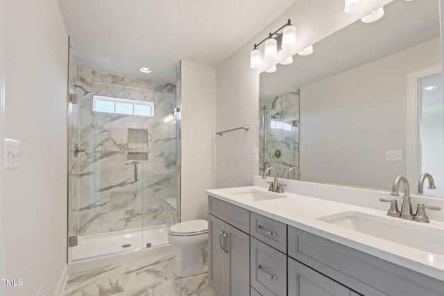 bathroom featuring toilet, vanity, and walk in shower