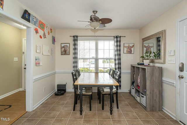 dining room featuring ceiling fan and tile patterned flooring