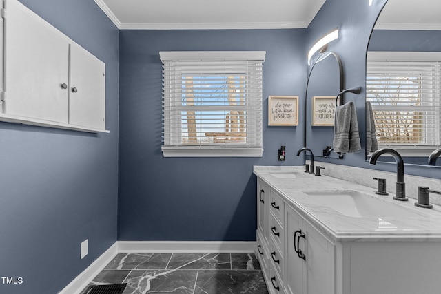 bathroom with vanity, a wealth of natural light, and ornamental molding