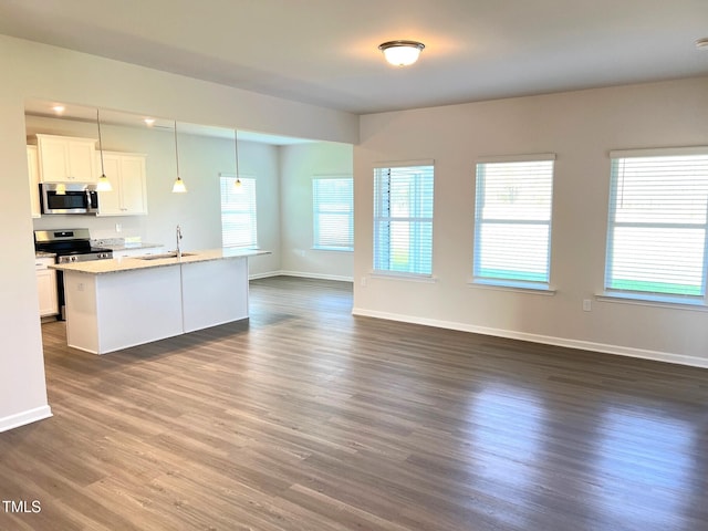 kitchen with dark wood-type flooring, appliances with stainless steel finishes, an island with sink, white cabinets, and decorative light fixtures