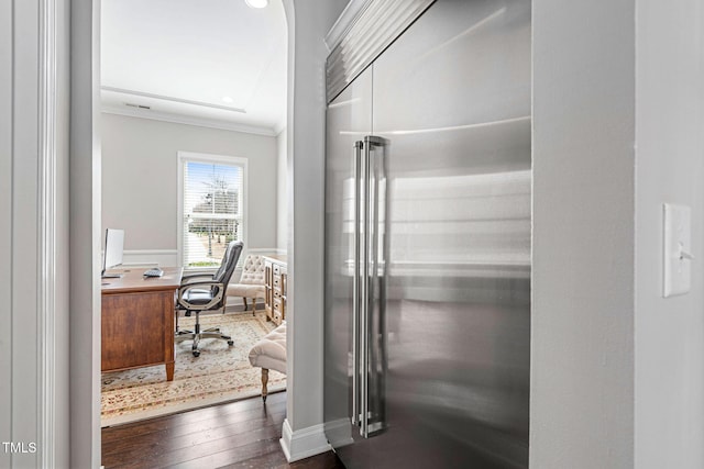 interior space featuring recessed lighting, dark wood-style floors, and ornamental molding