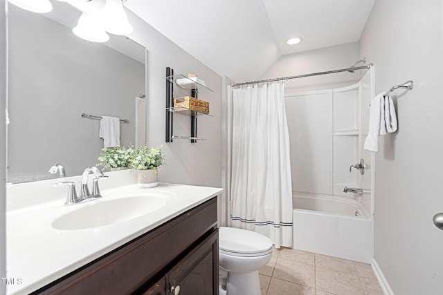 bathroom with vanity, tile patterned floors, toilet, and shower / bathtub combination with curtain