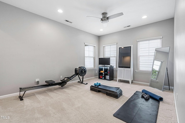 exercise area with visible vents, carpet flooring, and baseboards