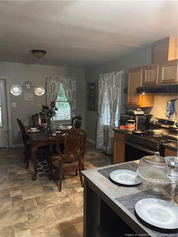 201 S Elm St, Maxton, NC 28364 - dining space featuring baseboards and stone finish floors