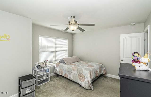 bedroom with ceiling fan and carpet