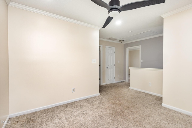 unfurnished room featuring ceiling fan, ornamental molding, and light carpet