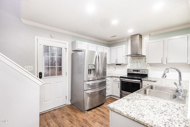 kitchen with white cabinetry, wall chimney range hood, stainless steel appliances, and sink