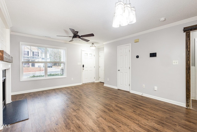 unfurnished living room with dark hardwood / wood-style flooring, crown molding, and ceiling fan