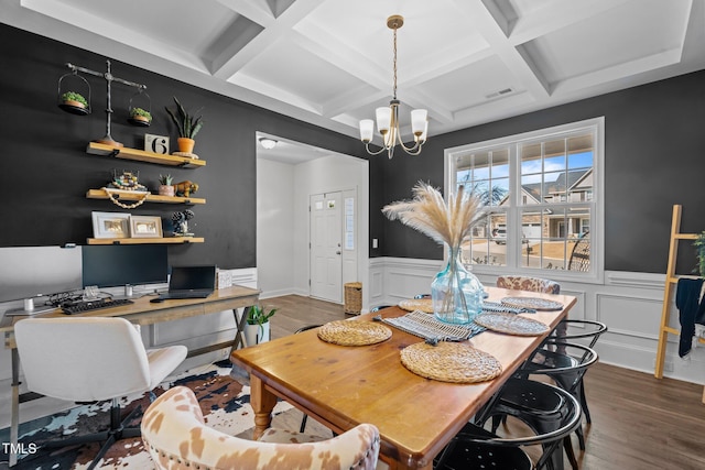 dining area with beam ceiling, dark hardwood / wood-style flooring, coffered ceiling, and an inviting chandelier