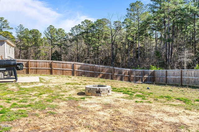 view of yard featuring a patio and a fire pit