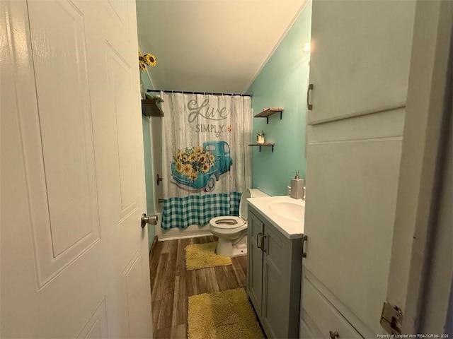 full bathroom with shower / bath combination with curtain, vanity, toilet, and wood-type flooring