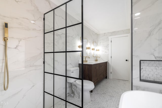 bathroom featuring toilet, vanity, a freestanding bath, a shower, and crown molding