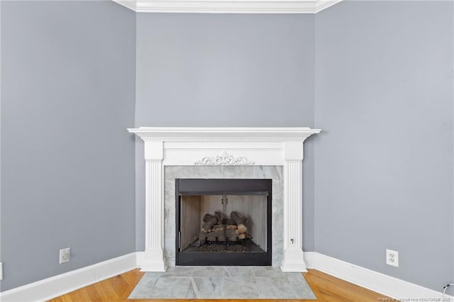 room details with wood-type flooring and a fireplace