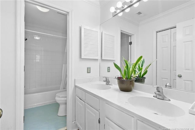 full bathroom featuring ornamental molding, shower / bath combo, vanity, and toilet